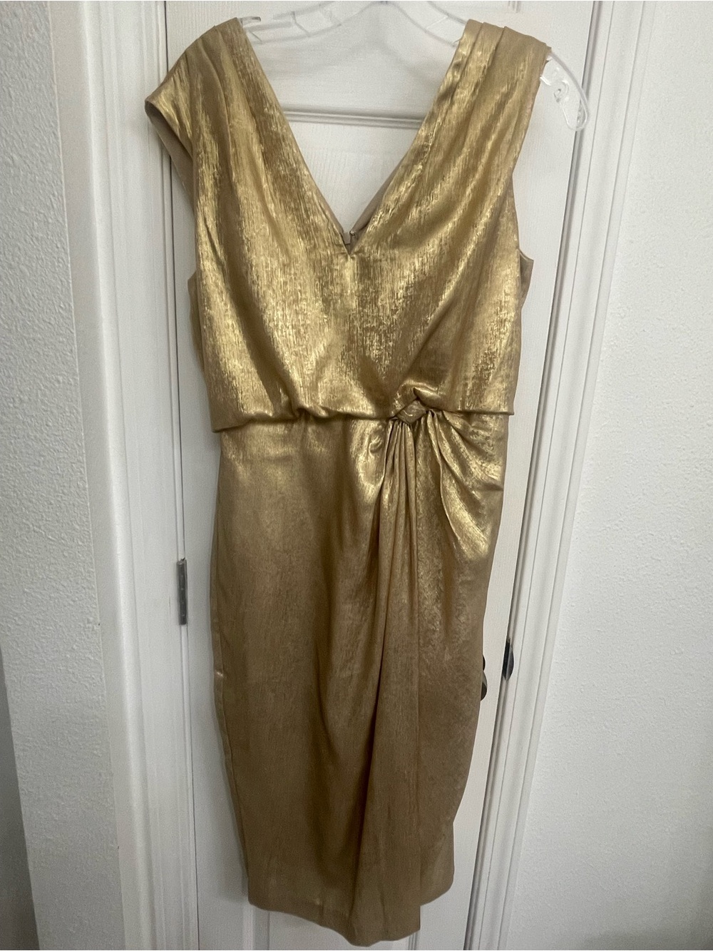 Adrianna Papell Shimmery Gold V-Neck Midi Dress